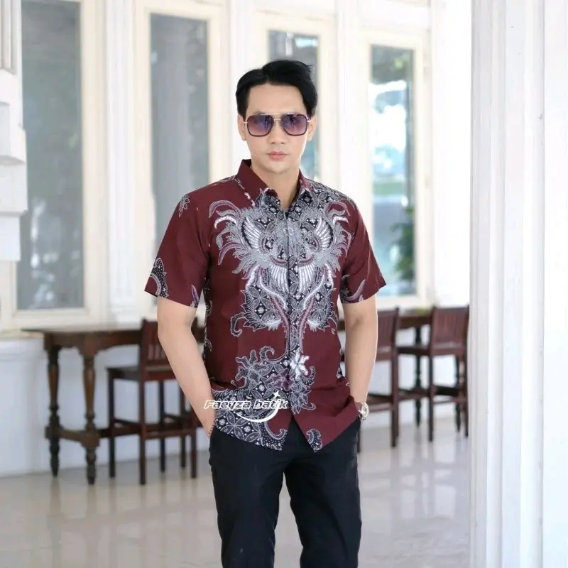 Batik pria dewasa - kemeja warna burgundy -atasan motif tulis burgundi casual panjang pendek Baju Katun Lembut Nyaman Keren Merah Kain 4