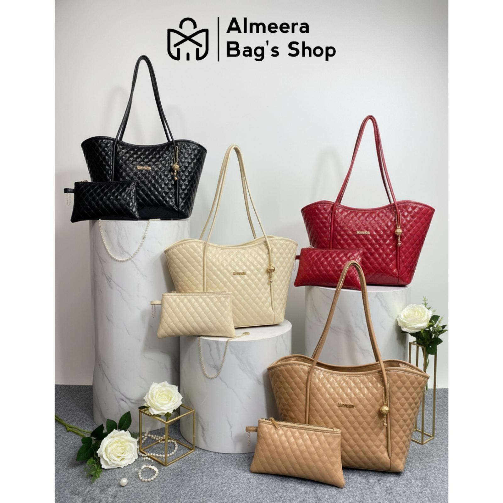 [Spesial Live] Almeera - Totebag Vione Glossy Bag Tas Wanita Esensial Elegan Kapasitas Luas Tas Jinjing Free Dompet dan Gantungan