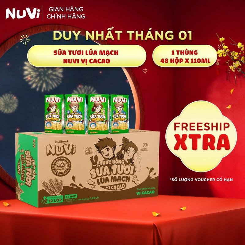 Thùng 48 Hộp Thức Uống Sữa Tươi Lúa Mạch NuVi Vị Cacao 110ml