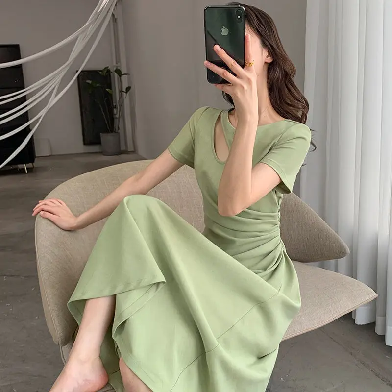 Short sleeved casual women's dress with hollowed out French style elegant temperament, slimming design, cinched waist, Hepburn style long skirt, can be worn on the inside or outside Lingerie Summer Womenswear Comfort