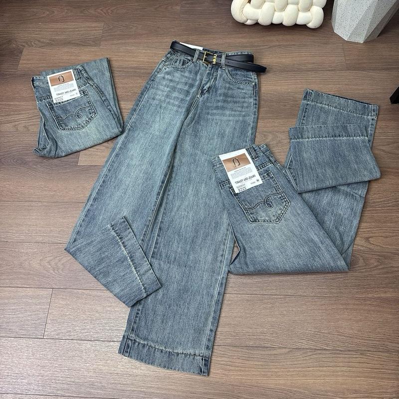 Quần jean suông CC trơn thêu túi kiểu sau dài 105cm