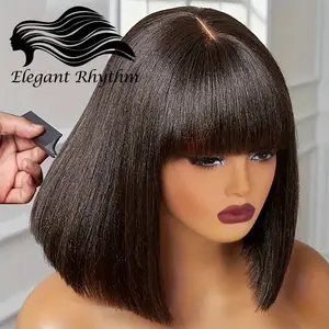 Short Bob Wig With Bangs Brazilian Remy Human Hair Wigs Full Machine Made Wig Realistic Lace Scalp Straight Bob Wigs With Bangs