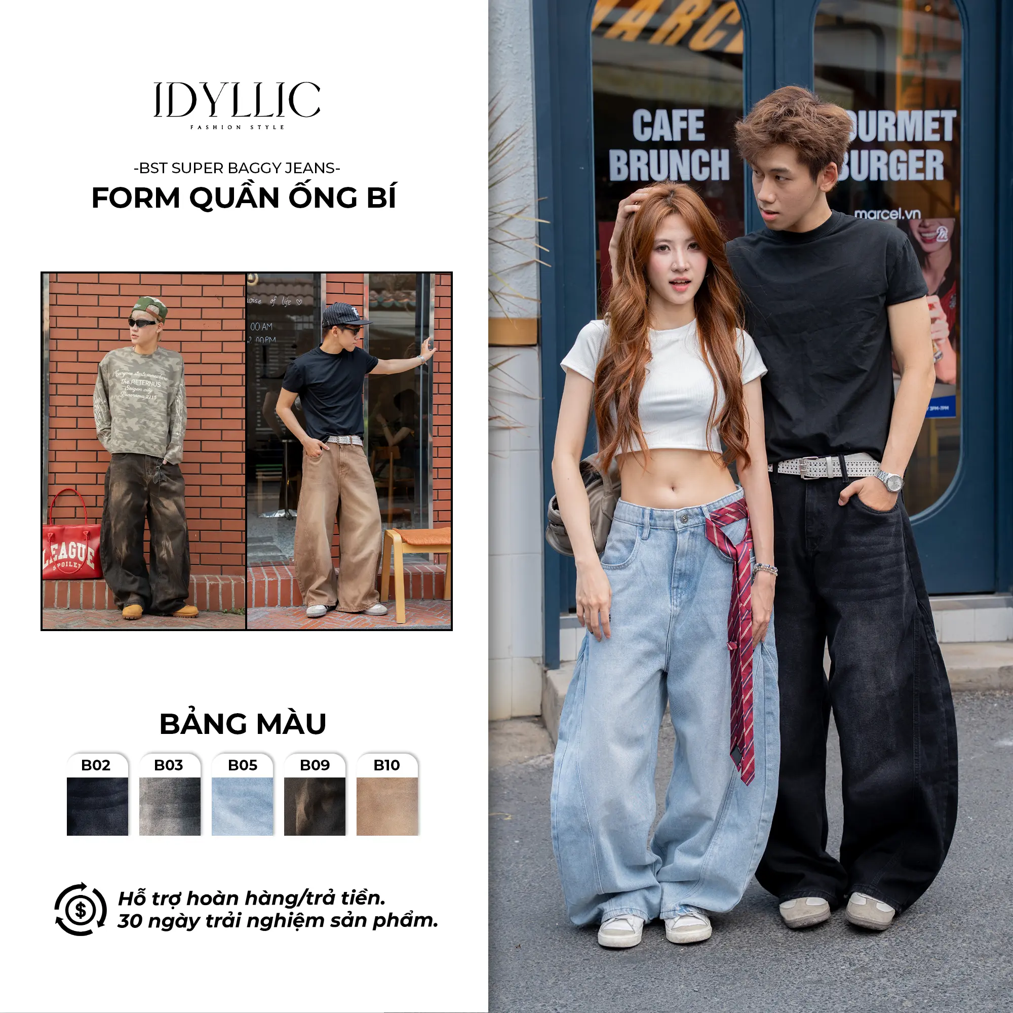 [IDYLLIC - MỚI RA MẮT] Bộ Sưu Tập Quần jean nam nữ, unisex ống bí rộng thời trang màu hot trend B02,B03,B05,B06,B07,B08,B09 cotton dày dặn Menswear Cotton Pants - Chất Jean Cotton Thoáng Mát