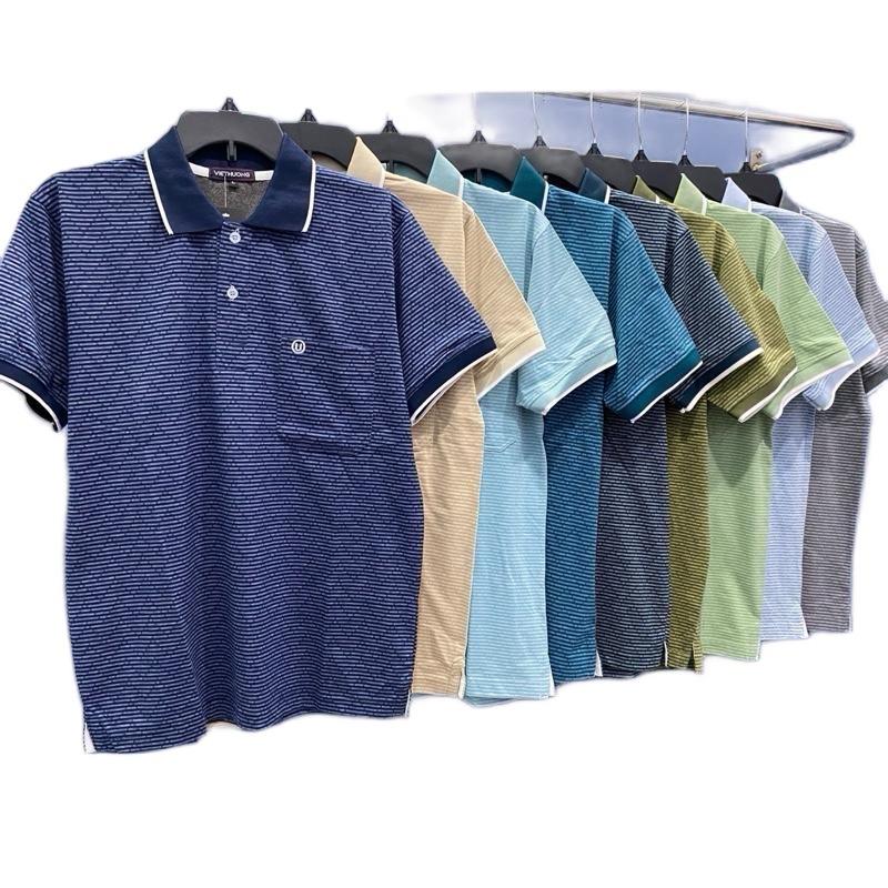 [VH Sọc Chữ] Áo Thun Nam Trung Niên Có Túi Sọc Ngang Vi Tính Chất Thun Cotton Co Giãn 4 Chiều Từ 50-90kg