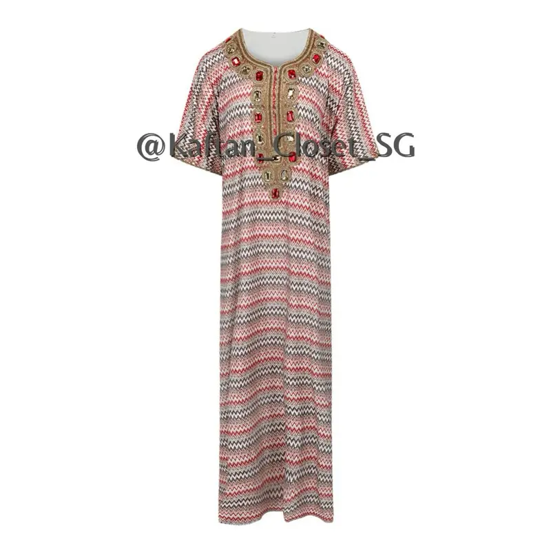 Multicolour Eco friendly fabric with ruby mix stonework half sleeves long kaftan with attached inner and tie back.