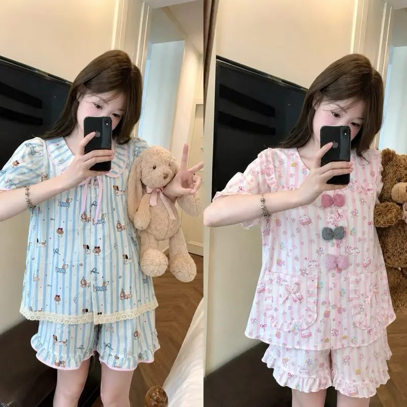 Bộ ngủ nữ tiểu thư cổ sen cộc tay vải đũi bông mây mùa hè mặc đi ngủ mát mẻ thoải mái Women Quần Ngủ Áo Ngủ Cotton