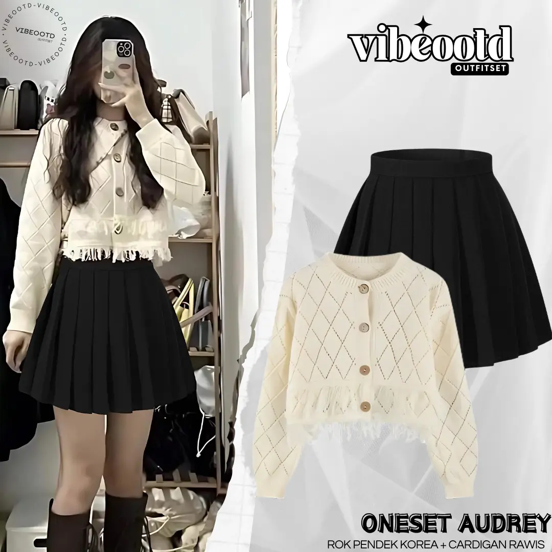 Audrey Outfit Set Wanita Korea ( Bawahan Rok Pendek Mini Panjang + Atasan Cardigan Rawis ) Setelan Ootd Korean Style | One Set Simple Hangout cewek | Casual Fit