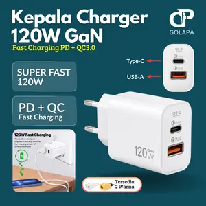 Charger 120W Super Cepat! Port Type-C & USB-A Adaptor Kepala Charger USB A Type C PD Fast Charging 120W Casan Adaptor Cas Quick Charge USB Fast Charging Pengisi daya super cepat 120W
