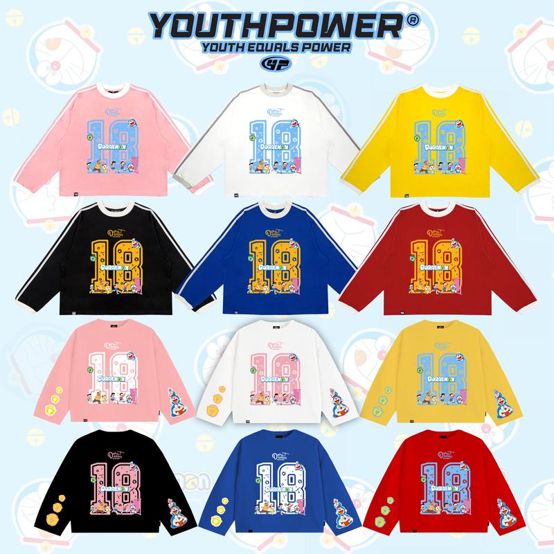  YOUTHPOWER Áo Thun Tay Dài Boxy DORAEMON 18 Unisex Cotton 250gsm Cổ Tròn Việt Nam Form Rộng Thoải Mái Cho Nam Nữ Nhiều Màu Sắc 