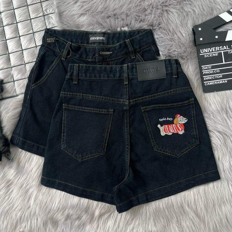  MINA JEANS  Quần SỌT Jean Nữ Cao Cấp Xanh Than Túi Chéo “THÊU CÚN ĐỎ CHẦN BÔNG” 