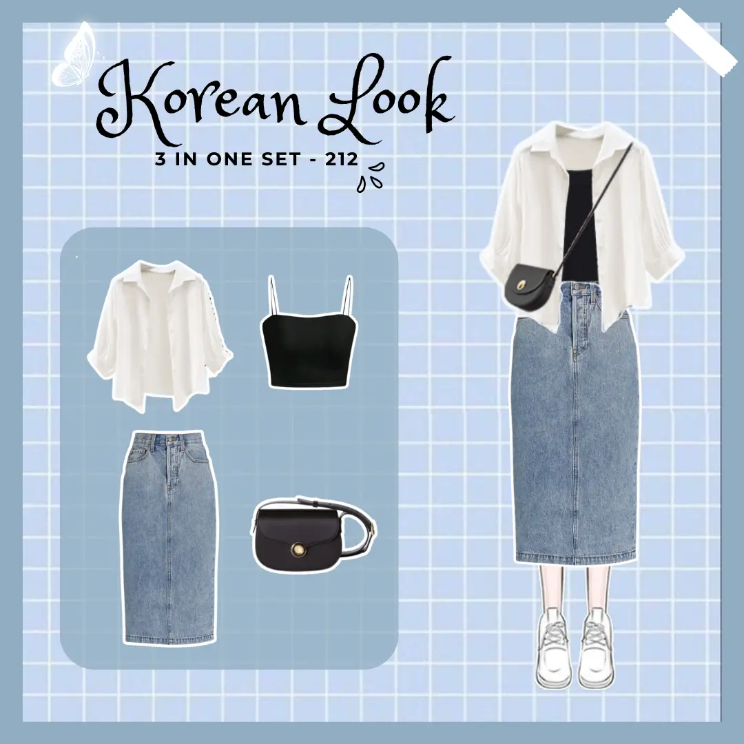 3 In 1 Set AB212 - One Set Rok Korean Style Setelan Rok Wanita Terbaru Set Korea Outfit Ke Pantai Ootd Hangout Simpel Kemeja Batwing Rok Jeans  Kekinian Simple