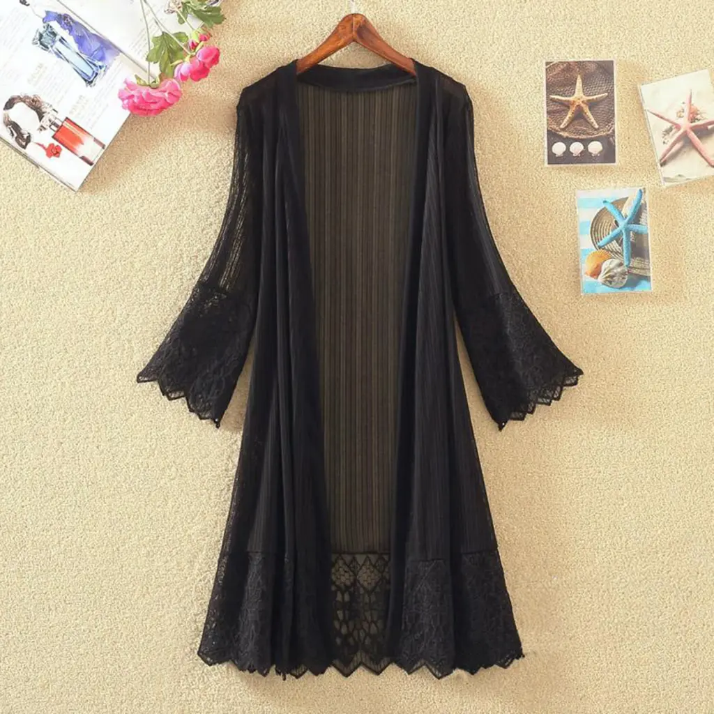 Drklesto Beach Cover Up Mid Long Breathable Female Kimono Shawl Cardigan Flared Sleeves Streetwear