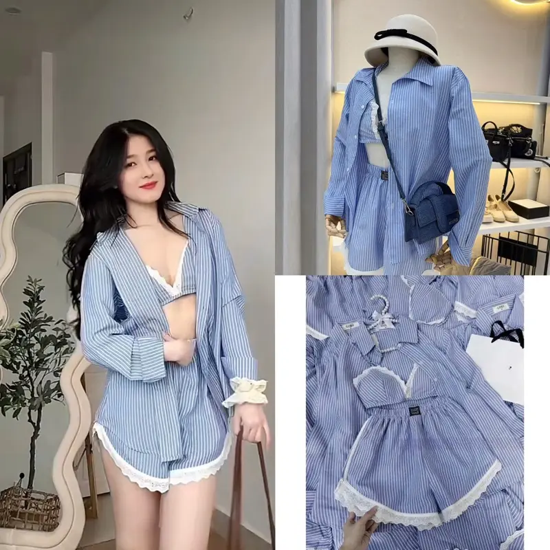 Set đồ nữ đi biển áo bra 2 dây kèm khoác ngoài sơ mi phom rộng mix quần short viền ren