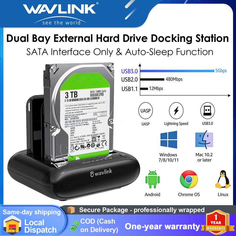 WAVLINK Đế cắm ổ cứng ngoài hai khe, cổng USB 3.0 sang SATA I/II/III dành cho ổ cứng HDD hoặc SSD 2,5 hoặc 3,5 inch, có chức năng sao chép ngoại tuyến, hỗ trợ UASP SATA 5Gbps