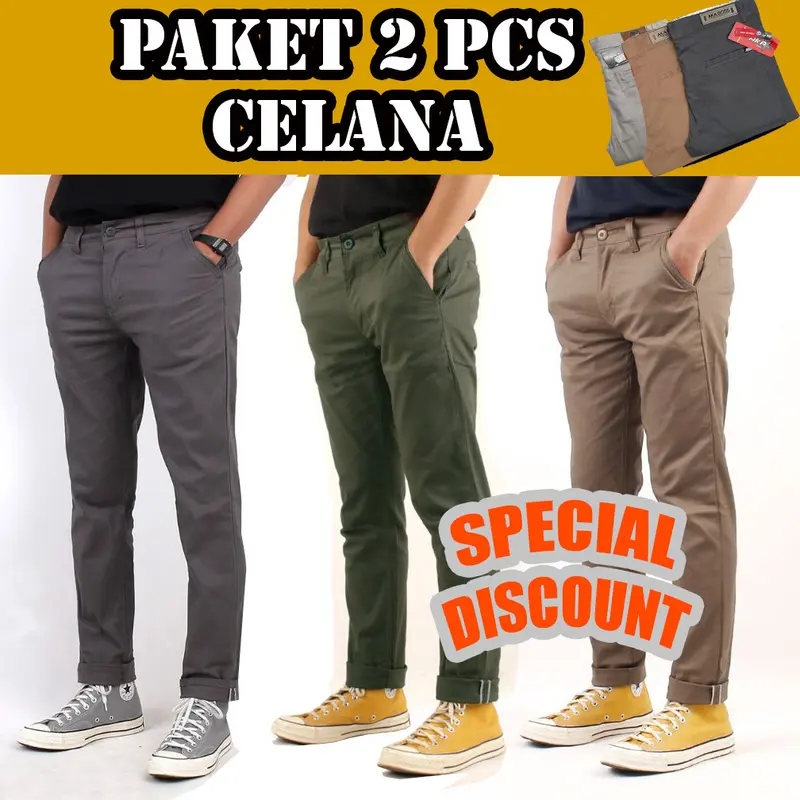 PROMO 2PCS 90RIBU CELANA CHINO PANJANG SLIM FIT BAHAN COMBED MELAR PRIA DEWASA 0