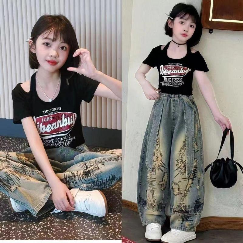 Bộ Đồ Áo Thun Trễ Vai Cho Bé Gái, Bộ Đồ Mùa Hè, Hàng Mới Về Năm 2025, Thời Trang, Phong Cách Phương Tây, Quần Jean Bé Gái, Bộ Đồ Hai Mảnh, Thích Hợp Cho Trẻ Em