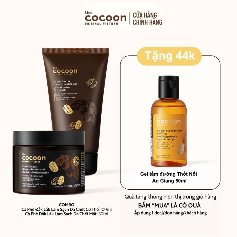 COMBO MUA 2 NHẬN 3 Combo Tẩy da chết mặt 150ml + Tẩy da chết cơ thể 200ml cà phê Đắk Lắk Cocoon cho làn da mềm mại & rạng rỡ Tặng Minisize Gel tắm đường Thốt Nốt 50ml