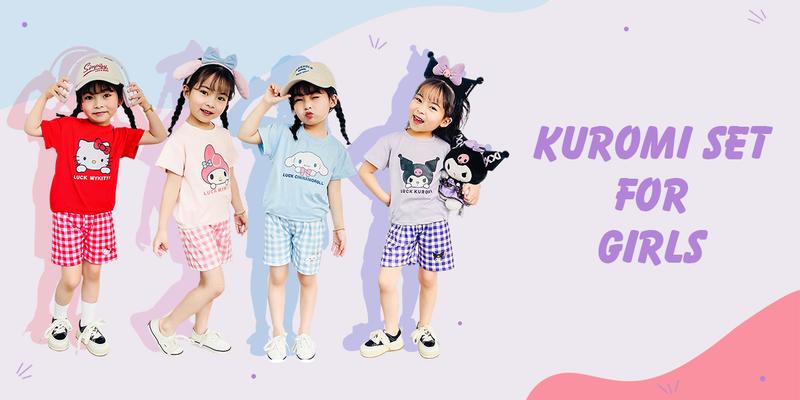 Product Introduction of BCBL Baby Girl Summer Set Kids Short Sleeve Plaid Shorts Kuromi Children's Outing Clothing Melody Pajamas Set Hello Kitty 2