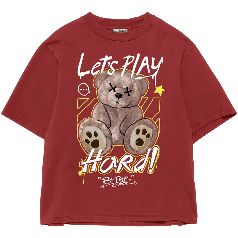 Kaos Wanita Pria Bahan Katun Teddy Bear Lets Play Beruang Lengan Pendek combed baju T-shirt Dewasa Top atasan Distro Unisex Tebal Merah 3