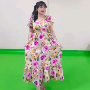 daster wanita kain rayon MIDI warna pink kuning motif bunga(77)