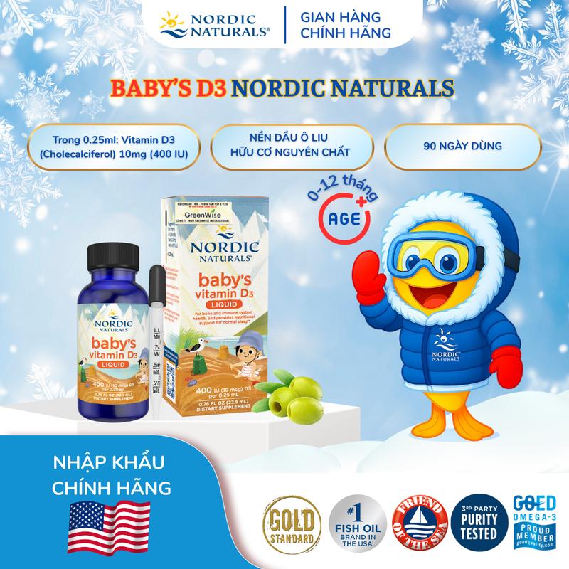 Vitamin D3 thuần tinh khiết Nordic Naturals dung tích 22,5ml hỗ trợ phát triển xương răng & nhịp giấc ngủ cho bé 0-12 tháng tuổi