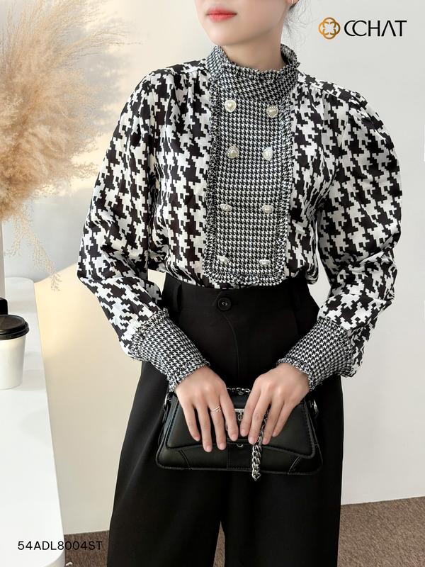 Áo Sơ Mi Nữ CCHAT Dáng Suông Bổ Kiểu Cúc Ngọc Trai Trang Trí Chất Lụa 24ADL8004ST