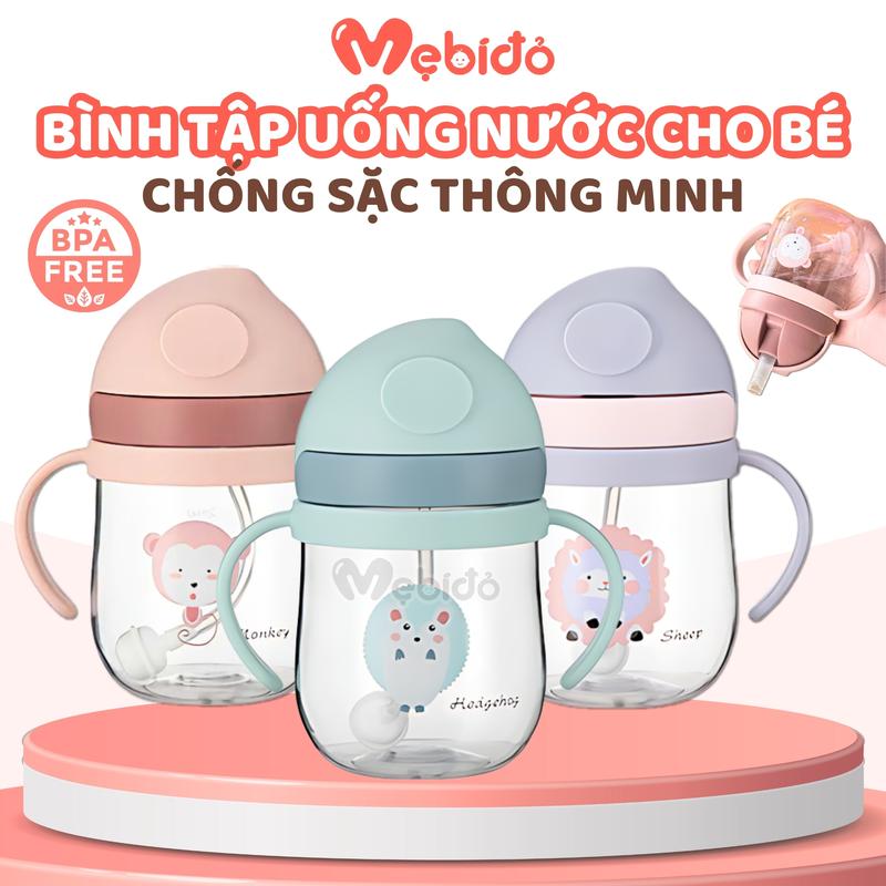 Bình tập uống nước cho bé 250ml bình nước có ống hút silicon có van chống sặc chịu nhiệt tốt có tay cầm chắc chắn Shop Mẹ Bí Đỏ