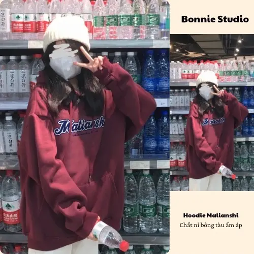 Áo Hoodie, Áo Nỉ Bông Tàu Đỏ Fom Rộng Hình In Malianshi by Bonnie