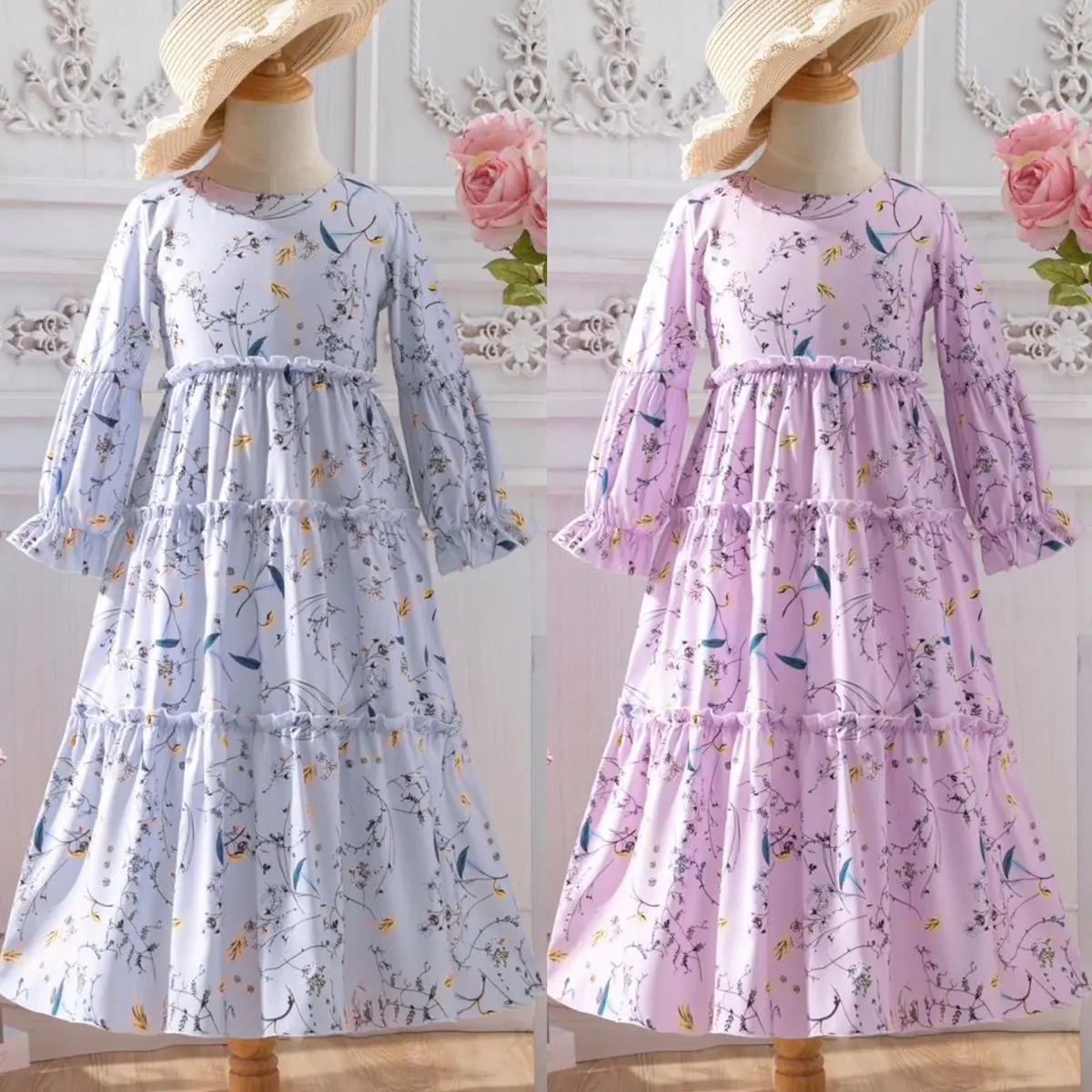 Jubah Kids Girl Dress Floral Print Jubah Budak Perempuan Kanak Kanak Ready Stock Floral Polyester Clothing