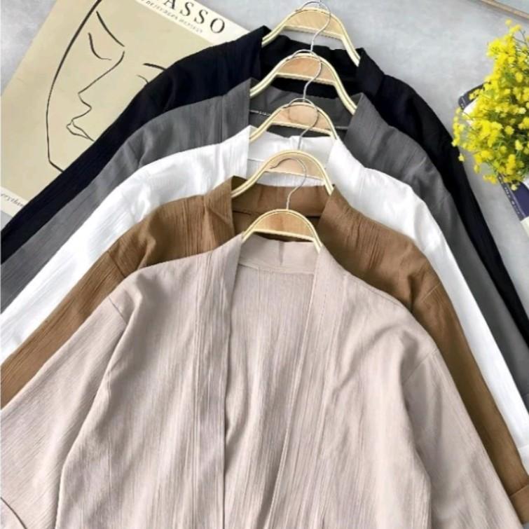 Belia Outer Crop Wanita Lengan 3/4 Linen Crinkle - Baju Atasan Wanita Korean Style - Outer Cardigan Oversize Terbaru Kekinian OOTD Hijab Muslim 1