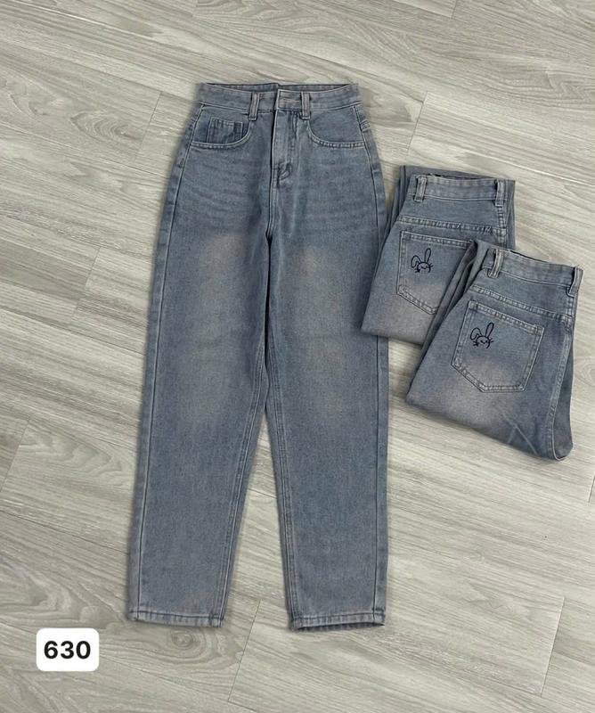 Quần baggy nữ ống Đứng lưng cao túi thêu thỏ k co dãn ,Quần baggy jean nữ phom 9 tấc màu bụi TH630