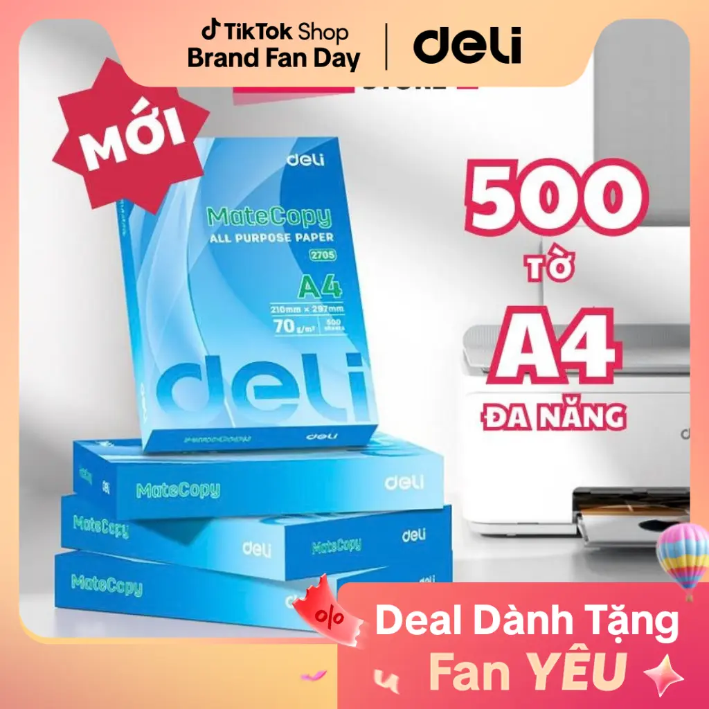 Giấy A4 Deli - 500 tờ giấy in giấy photo cao cấp chính hãng - Độ dày giấy tiêu chuẩn tránh kẹt trong máy in - In được 2 mặt, vẽ, viết,...