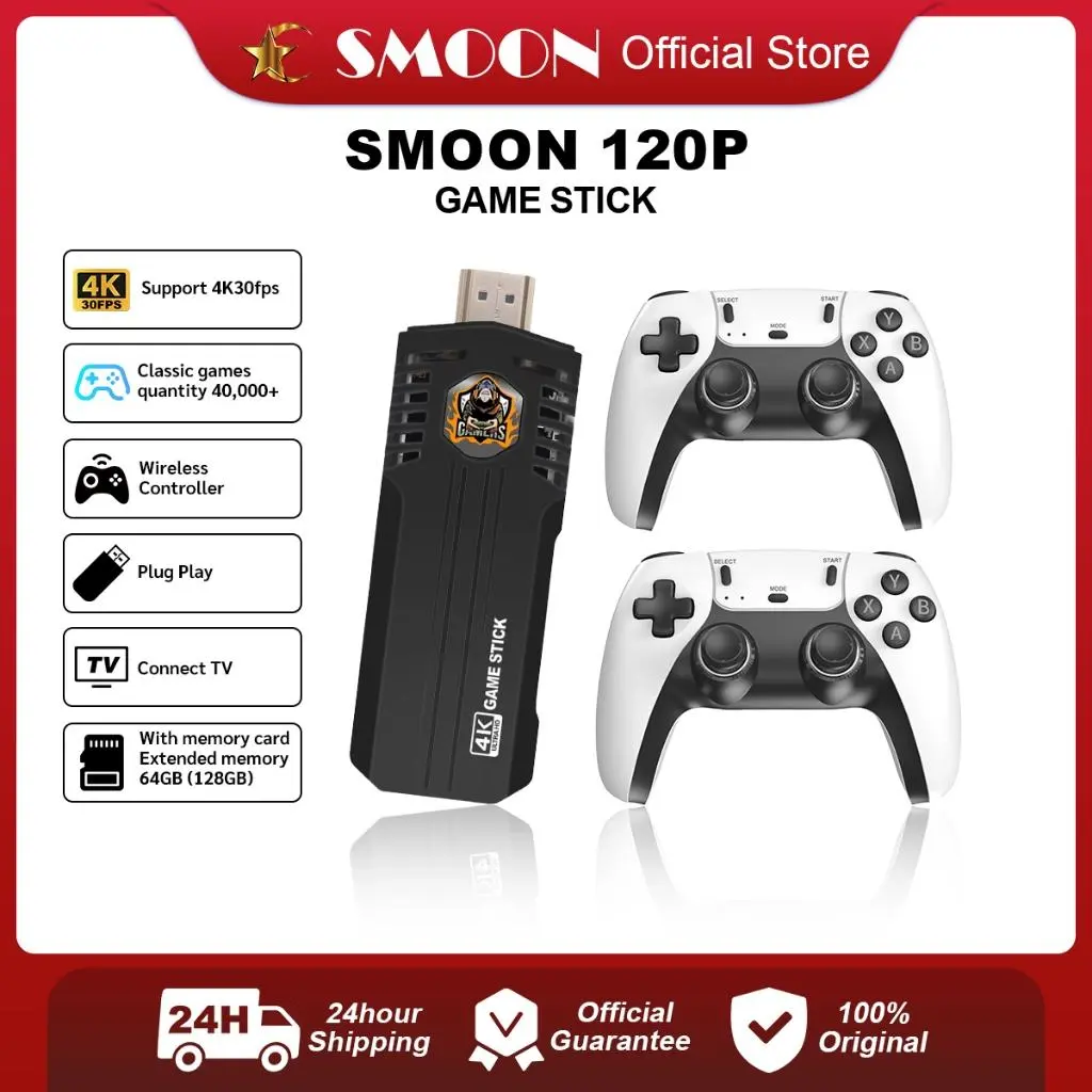 NEW SMOON 120P - Game Stick - 40.000 + Games - Kontroler Kabel & Nirkabel - Model Game 120P - Output HDMI 4K - Memori 64GB - Kontroler Double Stick - Cocok untuk TV, Komputer, Proyektor - Tanpa WiFi - 100% Original