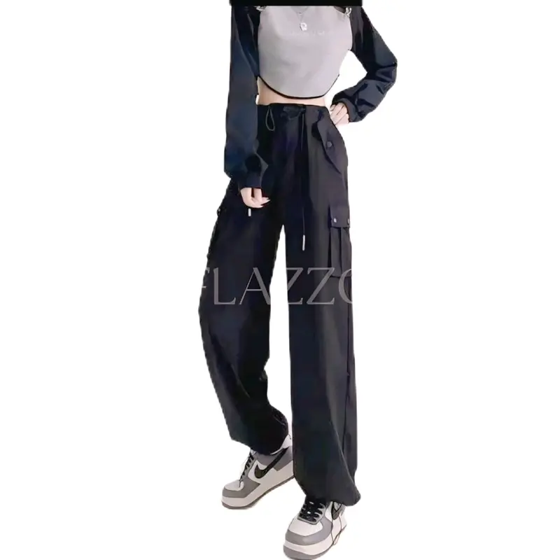 Celana Cargo Joger Wanita Model Korean Style Varian Tali Serut Highwaist Loose Kualitas Premium - Kulot, Panjang Karet Nyaman Formal Casual Samping Soft 3