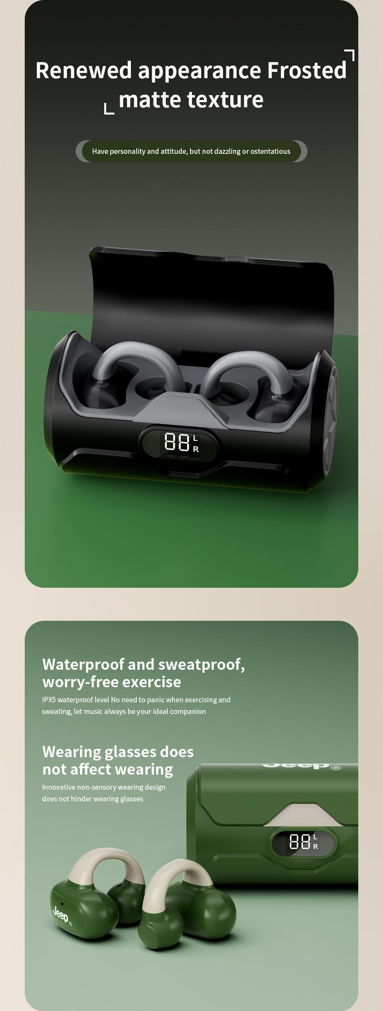 Jeep JP-EC003 Headphone Klip Telinga Nirkabel Bluetooth 5.4 Earbud Telinga Terbuka dengan Mikrofon untuk Olahraga Lari