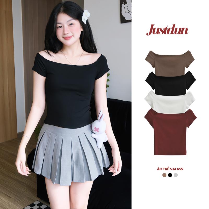 A55 Áo trễ vai cộc tay nữ cotton co giãn Justdun