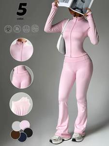 Conjunto de chaqueta con cierre y bolsillos con pantalones acampanados de color sólido para mujer, perfecto para yoga, gimnasio y deportes al aire libre, cómodo y transpirable para otoño e invierno