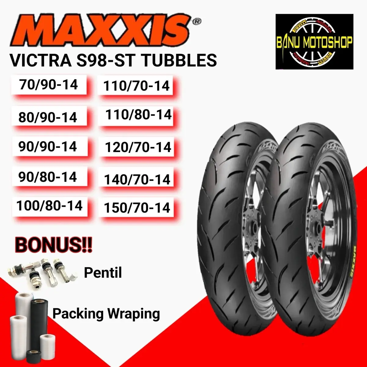 ( READY STOCK ) BAN MAXXIS VICTRA TUBELEES ( 80/90 - 90/90 - 90/80 - 100/80 - 110/70 - 110/80 - 120/70 - 140/70 ) RING 14