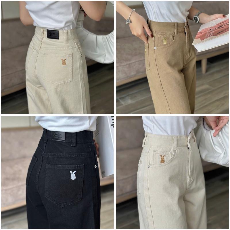 Quần Jean Suông Nữ Kaki Thêu Thỏ Vải Mềm Không Giãn Chất Liệu quần nấm lùn quần ống loe nữ girl phố quần suông jean nữ ống suông rộng trắng quần jeans nữ nấm lùn 1m50 quần bòsuông nữ quan suong #05