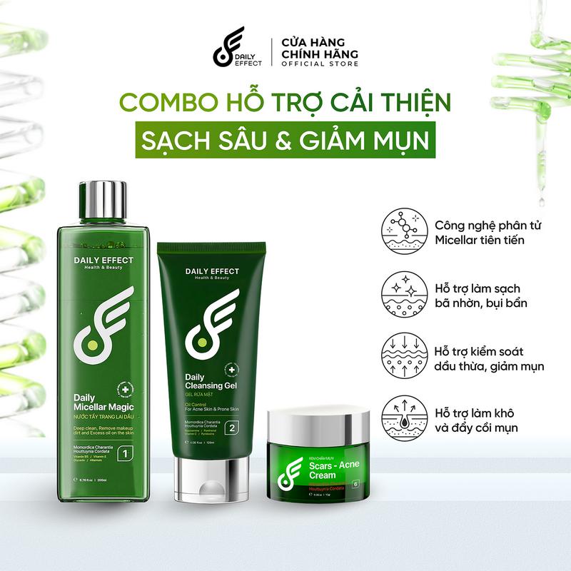 Combo 3 sản phẩm Nước Tẩy Trang, Sữa Rửa Mặt Dịu Nhẹ và Kem Chấm Mụn Hỗ Trợ Giảm Mụn Daily Effect - Skincare, Serum