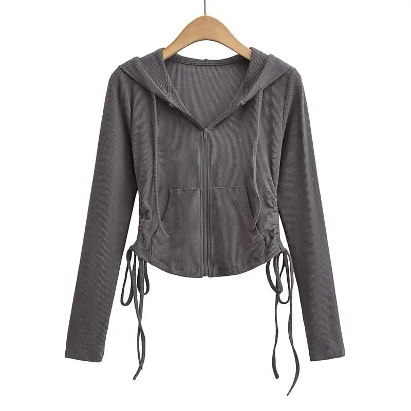 SAPAPA - Sweater Wanita Hoodie Zipper Lula Crop Serut Fit Atasan Top Abu Hitam Tebal Topi Baju