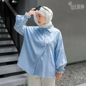 Elsiera Taalea Shirt Kemeja Atasan Oversized Wanita Katun Garis Bunga Bordir - Baby Blue