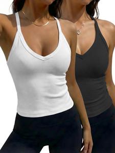 Camiseta sin mangas de color liso con espalda cruzada para mujer; prendas de diseño; prenda de parte superior de estilo casual, con cuello v pronunciado, sin mangas de verano; camisetas sin mangas de estilo casual para mujer; ropa de mujer para uso diario