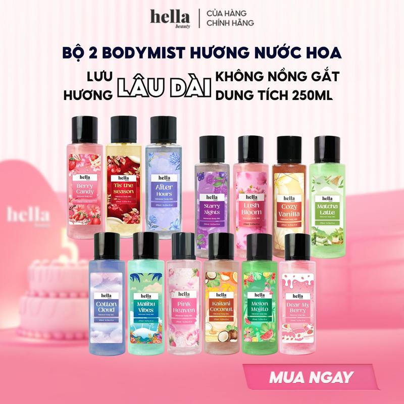 Bộ 2 Xịt thơm body mist hương nước hoa Hella Beauty 250ml lưu hương lâu, an toàn cho da nhạy cảm