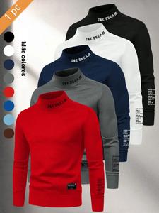 Camiseta de cuello alto y manga larga para hombre de otoño invierno, cómoda y elástica, de mezcla de poliéster con estampado de letras, corte clásico