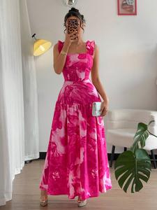 Vestido con estampado floral Blush, escote cuadrado, diseño sin mangas y largo, perfecto para vacaciones, bodas, fiestas, citas y uso diario