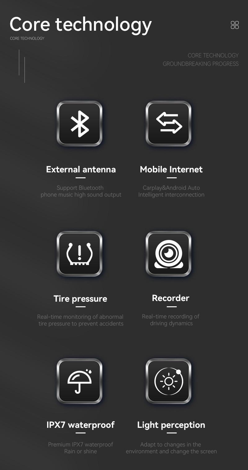 Product Introduction of M6 Motorcycle Portable GPS Navigation Dash Cam Recorder Wireless Apple Carplay Android Auto 6.25 Inch Touch Screen IPX7 Waterproof Tire Pressure System TPMS Metal body 19