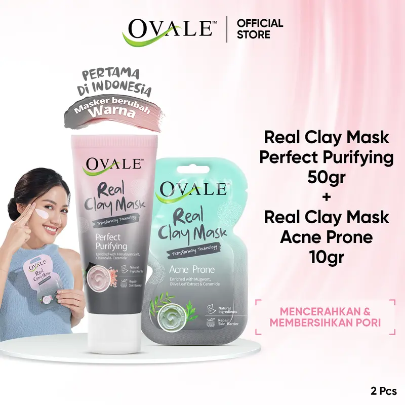 Ovale Real Clay Mask Perfect Purifiying Tube 50g| Masker Wajah Kulit Kusam 50g | Clay Mask Estrak Himalayan Salt & Charcoal 1