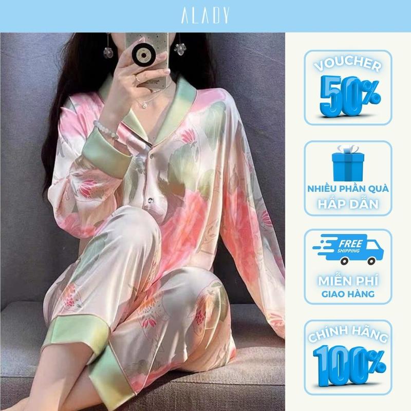 ALADY TD090 - Đồ bộ Pijama tay dài hoạ tiết lá màu với chất liệu lụa Latin cao cấp, mềm mại và thoáng mát Quần Ngủ Áo Ngủ