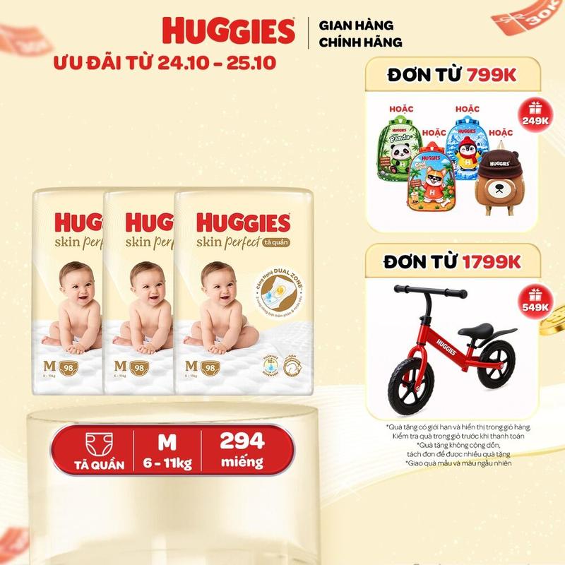 Combo 3 gói Tã quần Huggies Skin Perfect Mega Jumbo với 2 vùng thấm giảm kích ứng da Size M 98/L 88/XL 72+4/XXL 64+4